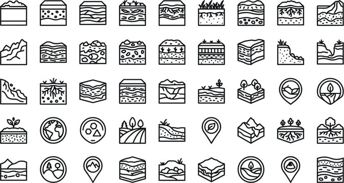 Soil Horizons and Geological Stratum Cross Section Line Icon Set with Ground Layers Landslides Agriculture Fields and Earth Science Symbols for Environmental Geography DesignsSoil Horizons and Geologi