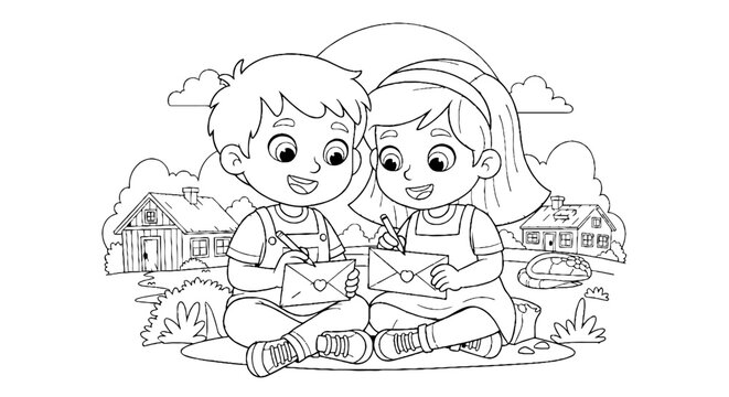 Two children reading together in a peaceful outdoor setting.