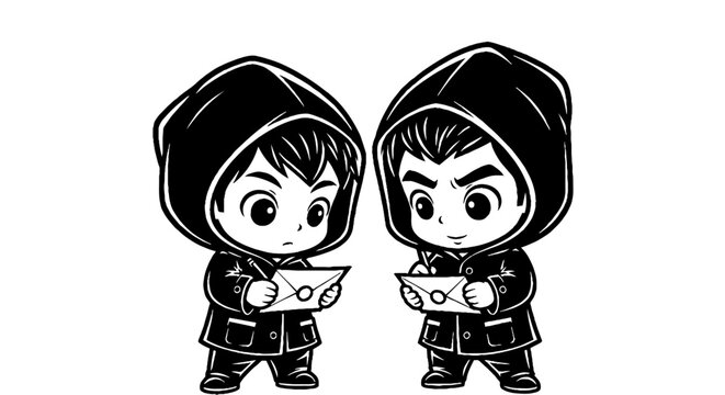 Two cartoon characters wearing hooded cloaks and holding objects.