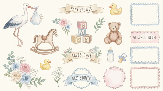 Painted watercolor baby shower stork nursery floral pastel newborn celebration collection with graceful elements and infant toys for whimsical birth announcements and decorative stationery