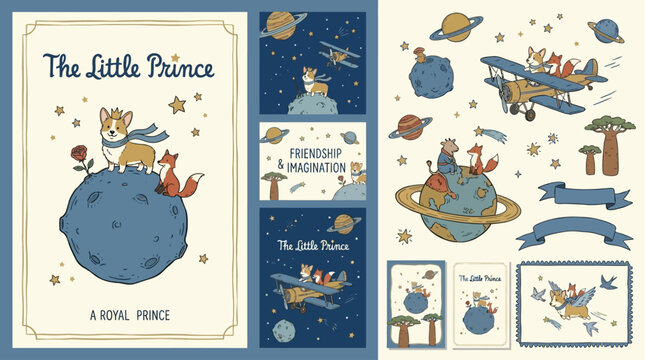 Majestic royal corgi puppy embarking on a magical whimsical fairy tale adventure across a celestial planetoid inspired by the classic little prince storybook fantasy