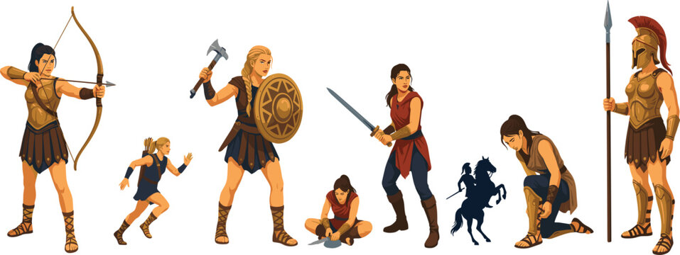 Ancient Female Warrior Character Set Featuring Amazon Archer Viking Shieldmaiden Spartan Gladiator and Roman Soldier for Fantasy Roleplaying Video Game Interface Designs