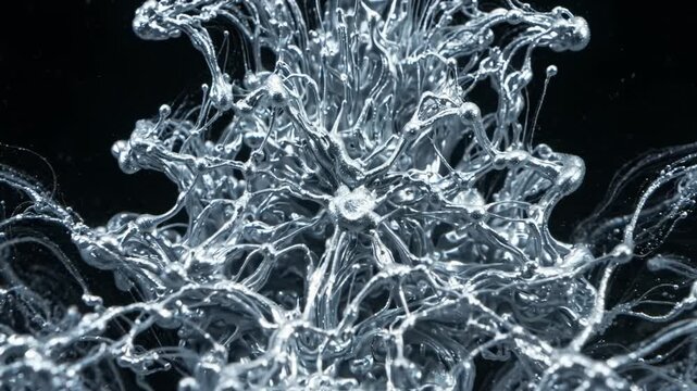 Abstract liquid silver metal flowing in liquid, metallic mercury like fluid swirl, dark science experiment macro background, futuristic liquid chrome texture effect, elegant dark flowing motion.