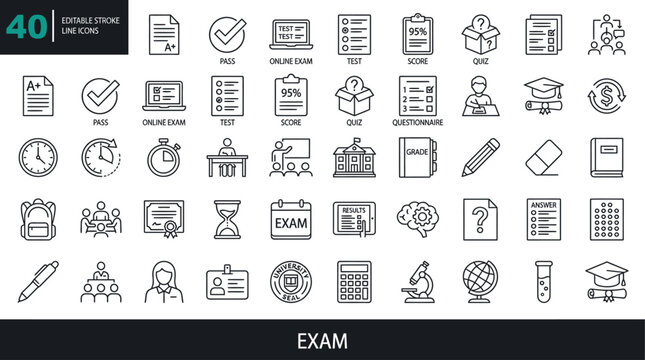 Comprehensive collection of exam and test icons featuring editable stroke outlines including academic results pass fail online learning assessment symbols and educational evaluation pictograms