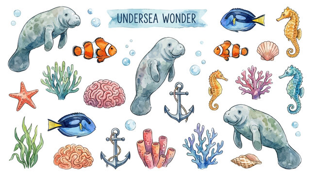 Hand-painted Undersea Watercolor Clipart Collection featuring Gentle Manatee, Tropical Fish, Vibrant Coral Reef, and Seafaring Nautical Icons for Maritime Design and Aquatic Illustration.