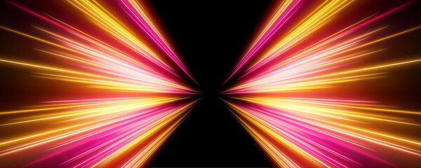 Dynamic neon light rays expand across a dark abstract background with glowing energy and optical brilliance. Smooth motion creates depth and atmosphere. A striking digital composition. © IvanLi
