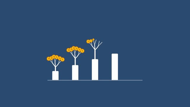 Animated Bar Chart Growth with Coin Tree Icons Rising on Blue Background, Representing Financial Success