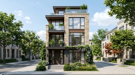 Fototapeta premium Modern luxury townhouse with brick facade and green balconies in upscale urban neighborhood.