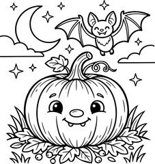 Obraz premium Halloween color page cute pumpkin bat crescent moon black and white illustration for kids