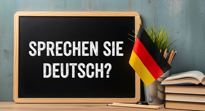 Sprechen Sie Deutsch text written on a black chalkboard with a German flag, books, and pencils on a desk