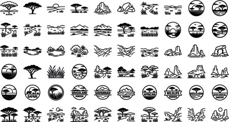 African Savannah and Grassland Landscape Line Icon Set with Acacia Trees Wilderness Horizons Badges and Outdoor Safari Adventure Badges VectorAfrican Savannah and Grassland Landscape Line Icon Set wit © MDJAHIDUL