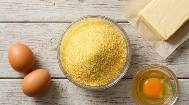 Ingredients for cornmeal cake with eggs, butter, and cornmeal on a wooden table