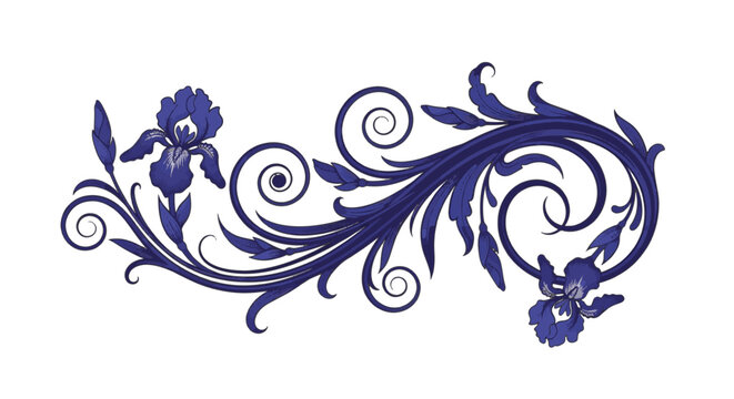 Ornate indigo blue iris flowers integrated into a baroque scrollwork flourish with decorative acanthus leaves and elegant swirls, botanical vector style on white background.