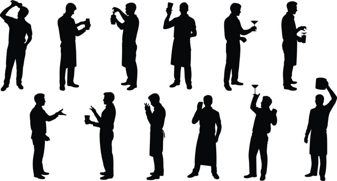Bartender silhouette set showing cocktail shaking, pouring, and serving poses for bar, restaurant, and hospitality design projects