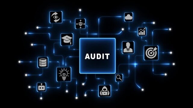 Audit Management Interface with Connected Enterprise Icons in Blue Neon Digital Network on Dark Technology Background Design
