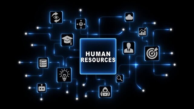 Human Resources Management Concept with Connected Workforce Icons in Blue Neon Digital Network on Dark Corporate Technology Background