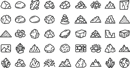 Rock and Stone Line Icon Set with Boulders Pebbles Crystals Gravel Piles Mountains and Geological Mineral Material Elements VectorRock and Stone Line Icon Set with Boulders Pebbles Crystals Gravel Pil © MDJAHIDUL