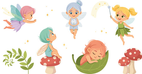 Naklejka premium Adorable Little Forest Fairy Character Set with Magic Wand Sleeping on Leaf and Sitting on Mushroom for Kids Storybooks and Nursery Graphic Designs