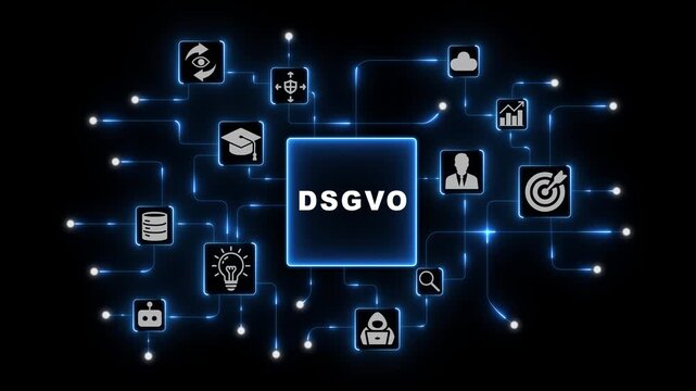DSGVO Compliance Concept with Connected Business Icons in Blue Neon Digital Network Style on Dark Technology Background