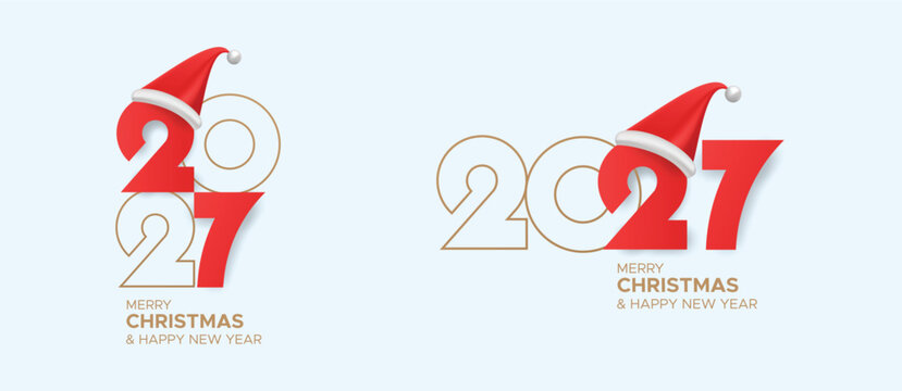 Modern Merry Christmas and Happy New Year 2027 Greeting Card with Santa Hat Typography