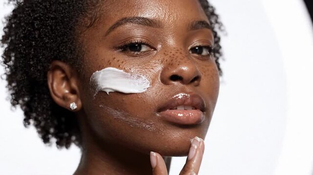 Close-up of a freckled black woman applying face cream in a bright studio setting.