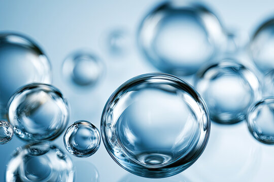 Transparent bubbles floating in light blue environment