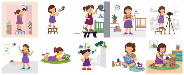 Fototapeta premium Set of illustrations of a young girl installing and using smart security cameras and baby monitors in a nursery for home safety and surveillance.