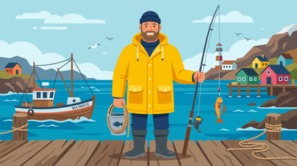 A happy fisherman stands on a pier in a quaint coastal village with his fresh catch. © Iffa