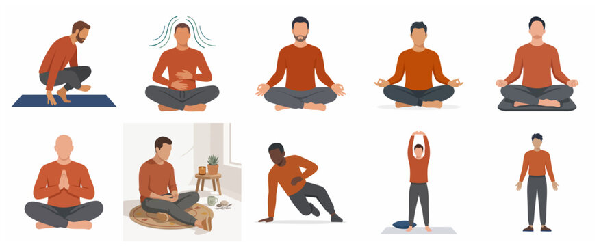 Set of Men Practicing Yoga and Meditation Poses Flat Vector Illustration