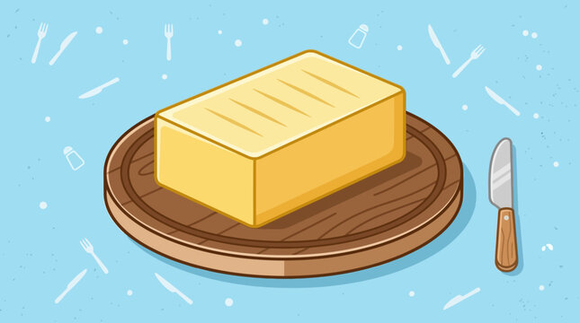 Illustration of a block of butter on a wooden cutting board with a knife.