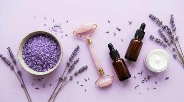 Flat lay of spa and skincare products with lavender flowers and rose quartz facial roller on purple background