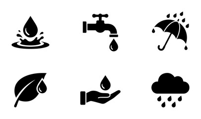 Obraz premium Water Icons Set: Rain, Drop, Tap, Umbrella, Leaf, Hand, Cloud, Conservation, Weather, Nature