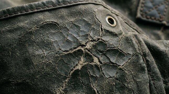 Waxed canvas texture with cracked coating patte background, close-up macro detail shot, variation B