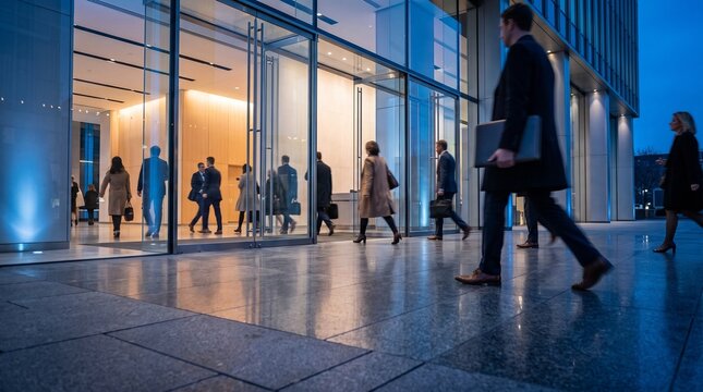 Business Professionals Moving Through Modern Office Building Lobby