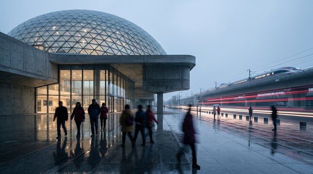 Modern Transit Hub with High-Speed Train and Commuters
