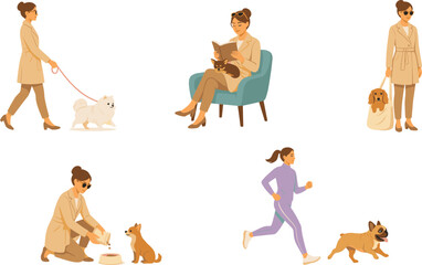 Naklejka premium Woman Character Daily Routine with Small Dogs Set Featuring Walking Reading Jogging and Feeding Her Domestic Pets for Lifestyle and Veterinary Vector Designs