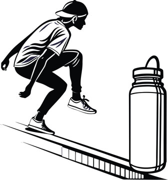 Black and white graphic illustration featuring athletic person performing parkour jump style.