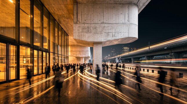 Urban Commuters Moving Through Modern Transit Hub at Night