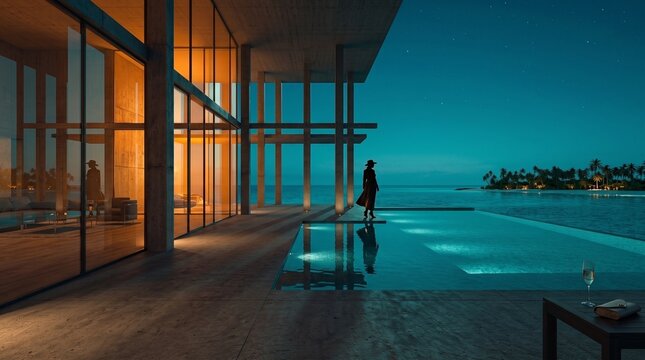 Solitary Figure at Luxury Waterfront Villa at Twilight
