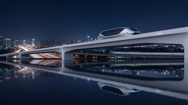 Futuristic Hyperloop Train on Elevated Track at Night