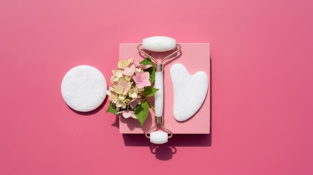 White jade facial roller and gua sha tool with hydrangea flowers on pink background