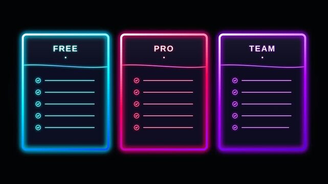 Neon Glowing Subscription Pricing Plans Showing Free Pro and Team Tiers on Black Background, Digital Service Membership Interface Design