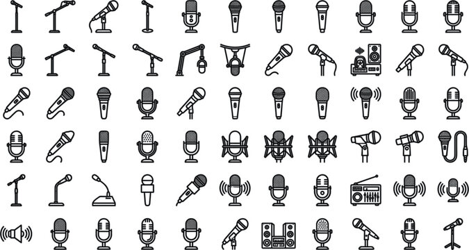 Microphone and Audio Equipment Line Icon Set Featuring Studio Mics Podcasting Gear Stands Speakers and Radio Broadcasting Elements VectorMicrophone and Audio Equipment Line Icon Set Featuring Studio M