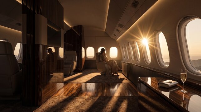 Luxury Private Jet Interior with Passenger at Sunset