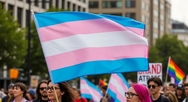 Transgender pride flag waving in the air during a colorful public rights parade in a city street with many people