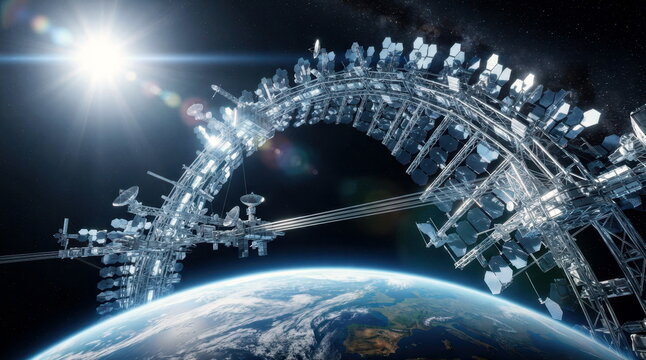An orbital solar power farm assembled from vast reflective panels, robot trusses, antenna dishes, and power transmission beams floating above Earth's curved horizon. Sun flare, deep-space black.