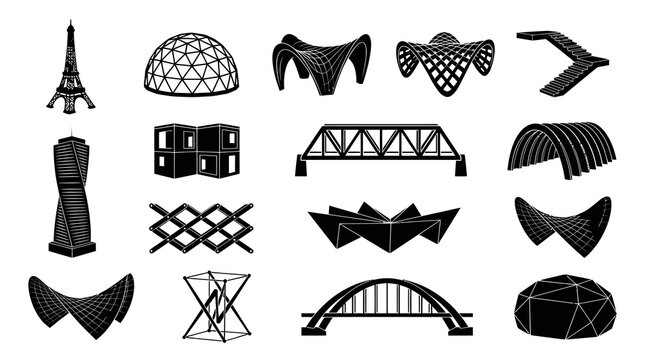 Black  White Architectural  Engineering Structures Icons. Geometric Building Designs, Bridges, Domes, Towers.