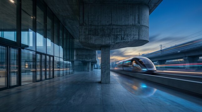 High-Speed Train Departing Modern Station at Dusk