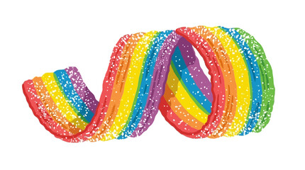 Colorful rainbow sour strip icon depicting chewy jelly candy sprinkled with fine powdered sugar and sweet fruit marmalade, delicious gourmet confectionery gummy dessert treat illustration. © tae