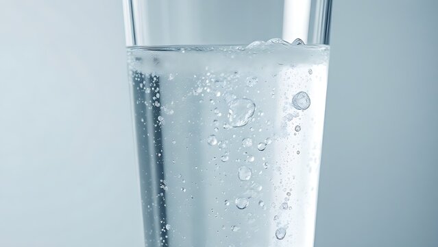 A glass of sparkling water with rising bubbles, time-lapse effect showing calm.